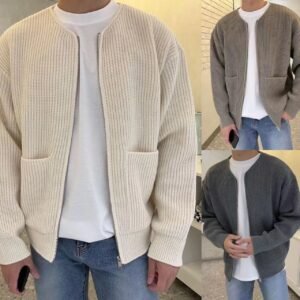 11a76f69-02e6-4cd8-b0ae-713aa7a5ae1d.jpg Men Zip Up Knitted Cardigan Lined Funnel Neck Jumper Sweater Pockets Coat All Seasons Comfortable Soft Long Sleeve